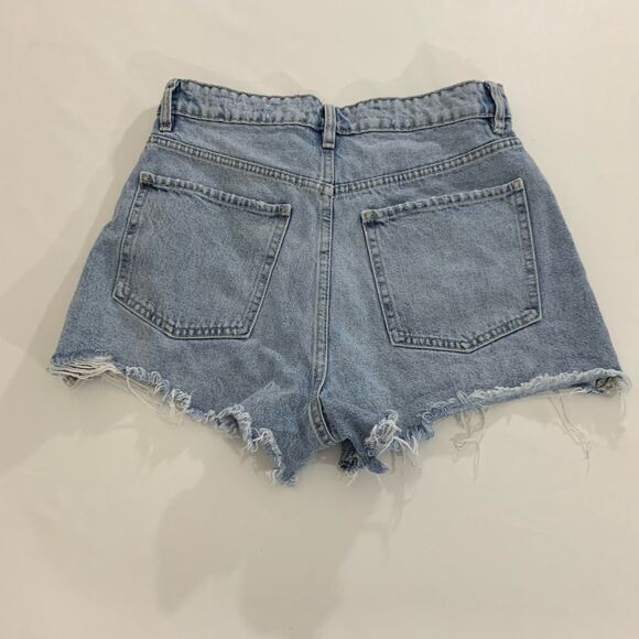 Zara Denim Shorts Button Fly Women 6 Light Blue Acid Wash Distressed Frayed Boho - Picture 2 of 9